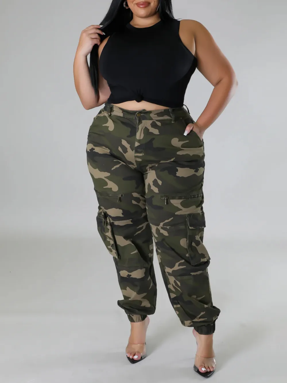 Plus-Size Fashion Women'S Camouflage Pants With Zipper