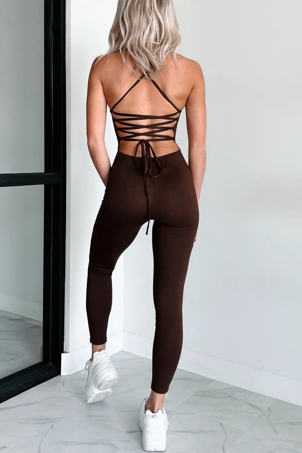 Time To Walk Away Lace-Up Back Jumpsuit (Coffee)