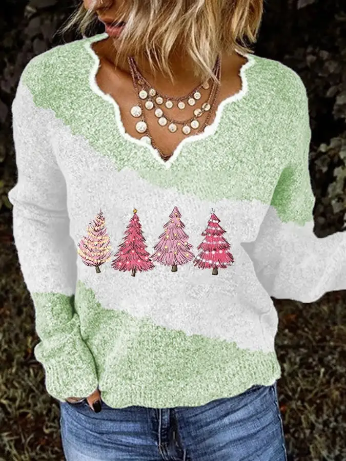 Christmas Print Lace Neck Sweater