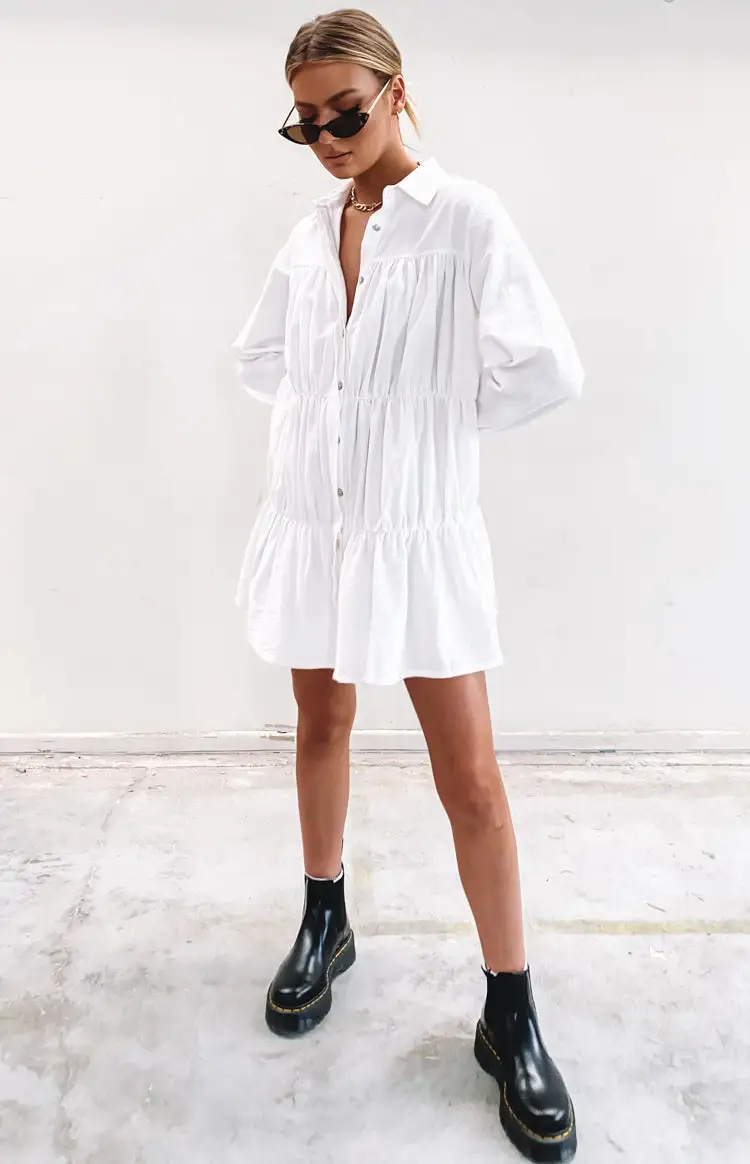 Theodossia Tiered Long Sleeve Dress White