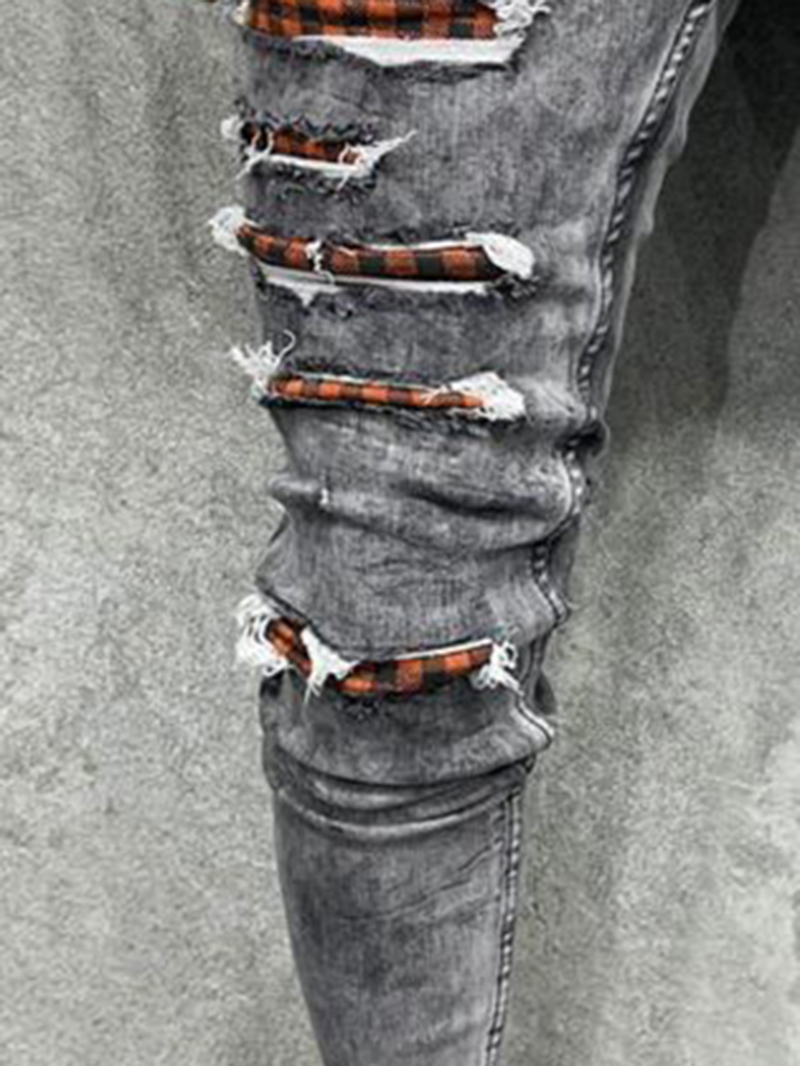 Checkered Chain Tight Perforated Jeans