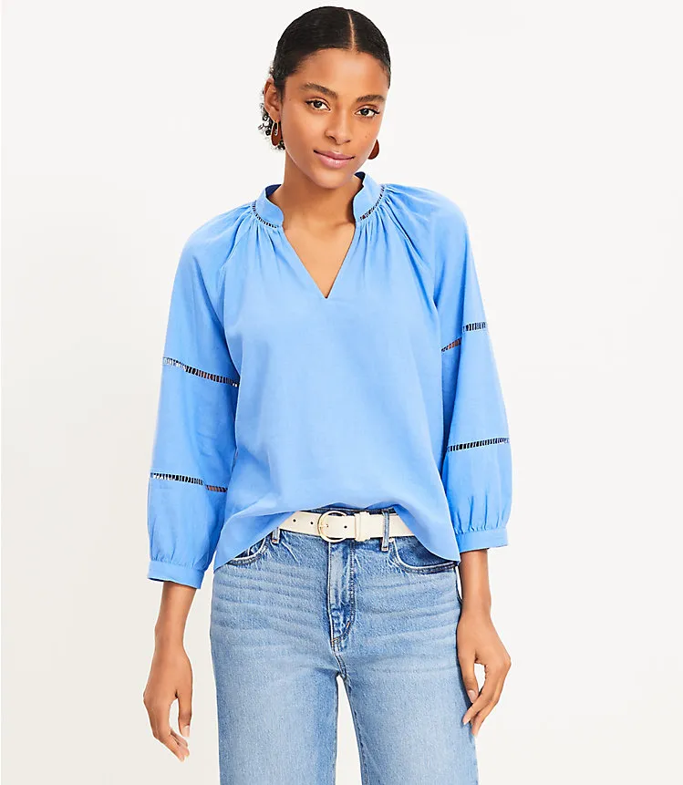 Cutout Linen Blend V-Neck Top