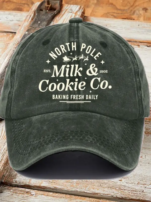 North Pole Milk & Cookie Co. Baking Fresh Daily EST 1802 Christmas Women's Printed Baseball Cap