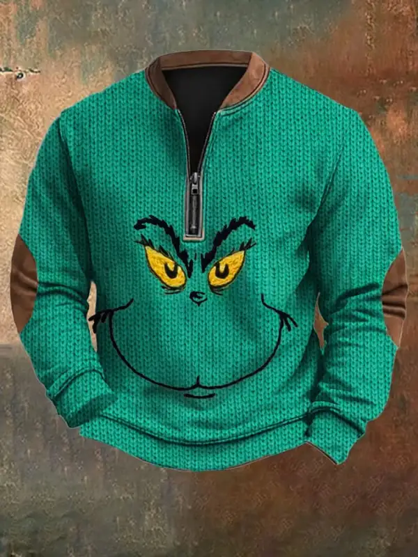 Men's Woolen Christmas Print Zip-Up Sweatshirt