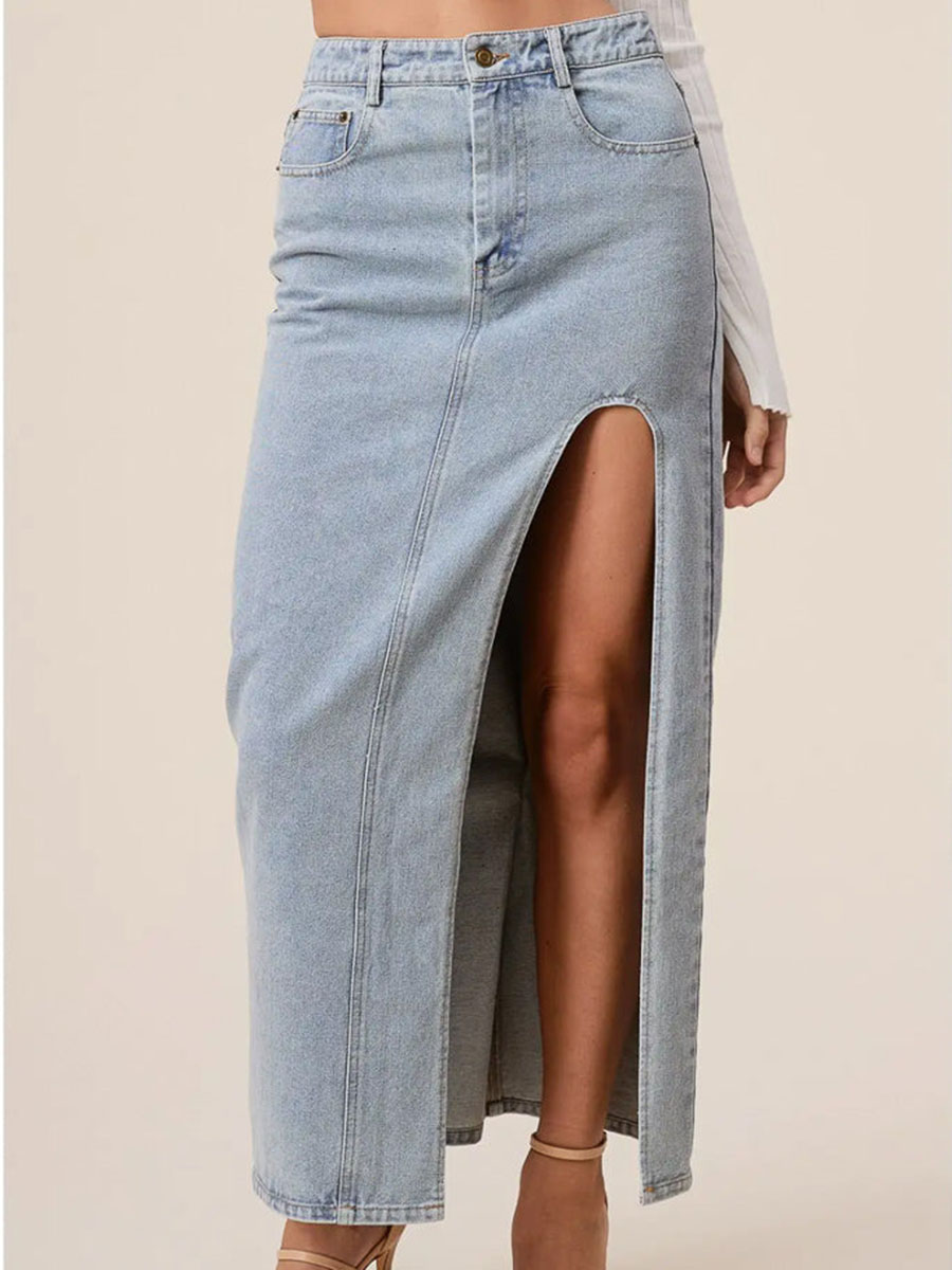 High Slit Denim Maxi Skirt