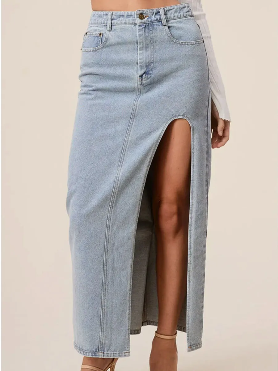 High Slit Denim Maxi Skirt