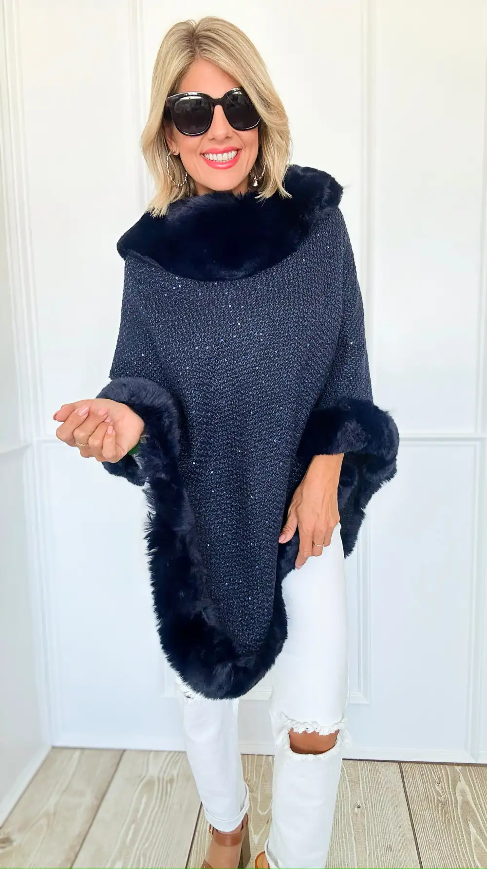 Midnight Glam Faux Fur Poncho - Navy