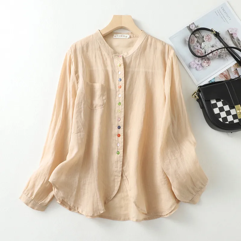 Art retro cotton linen color button irregular shirt