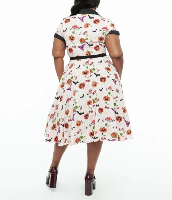 Unique Vintage Plus Size 1950s Pink Halloween Print Alexis Swing Dress