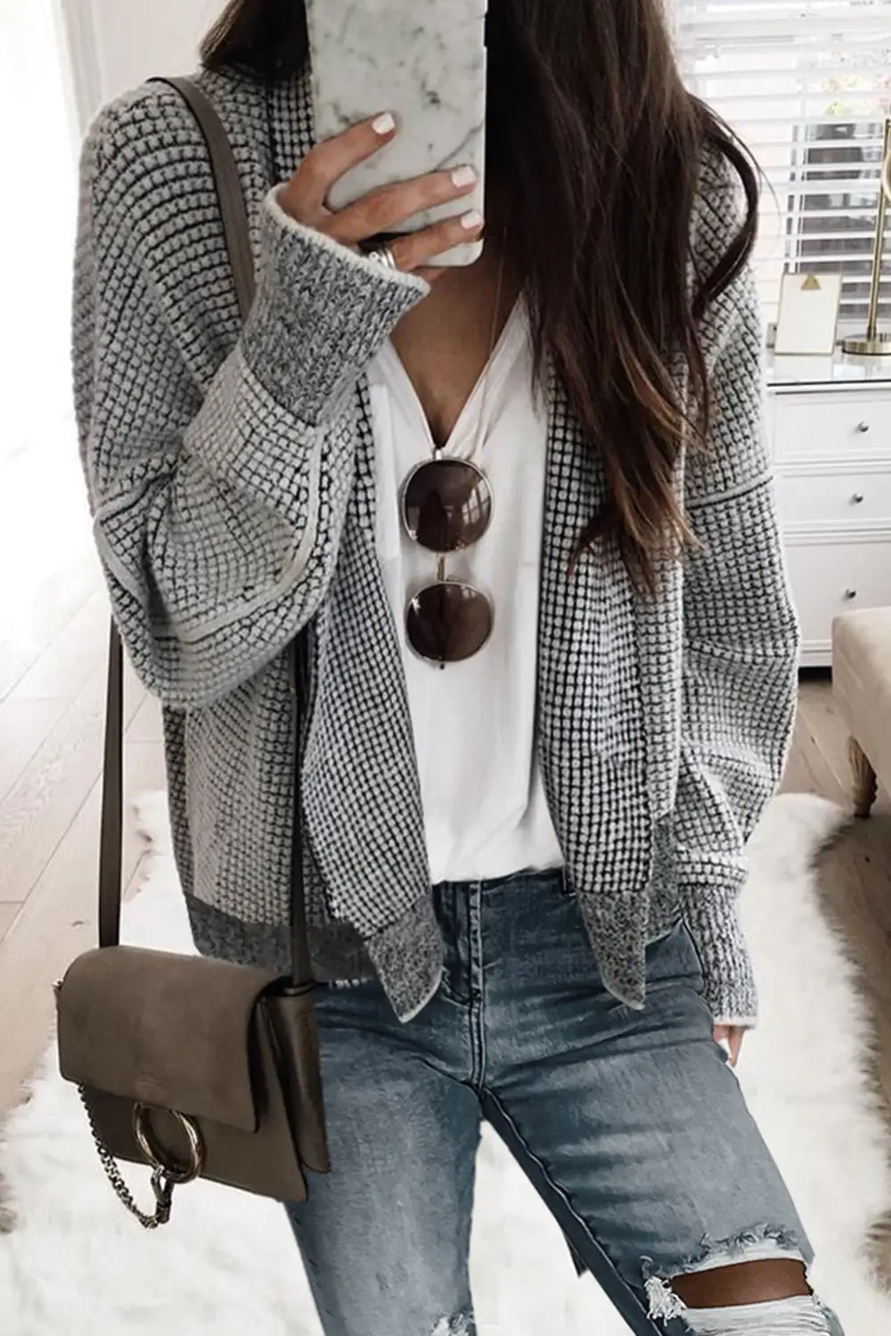 Plaid Contrast Trim Open Front Cardigan