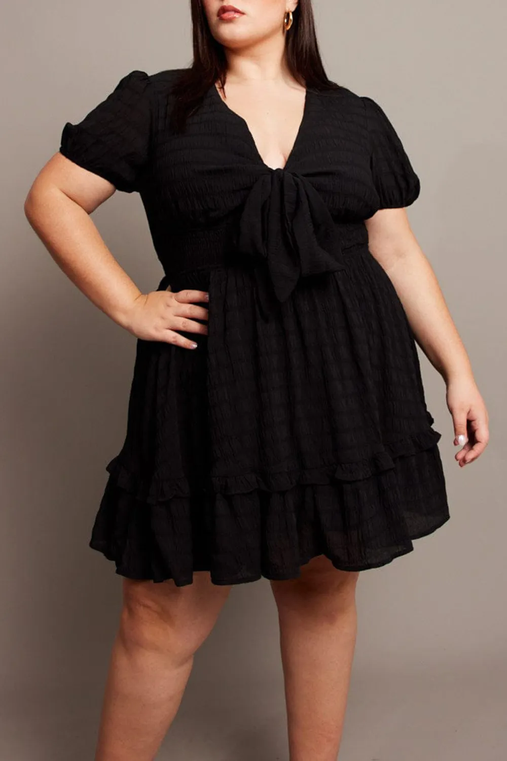 Black Tie Front Textured Frill Hem Minidress