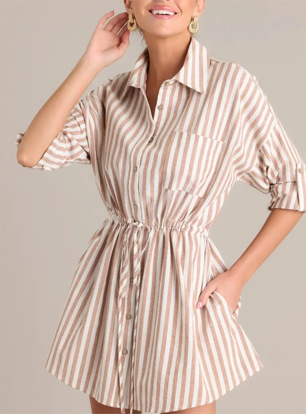 SIMPLE PLEASURES 100% COTTON CAMEL BROWN STRIPE MINI DRESS