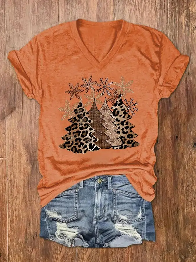 Women's Leopard   Tree Print V-Neck T-Shirt