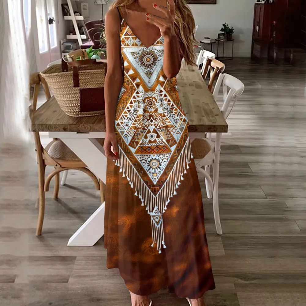 Vintage Western Ethnic Fringed Print V-Neck Maxi Dress