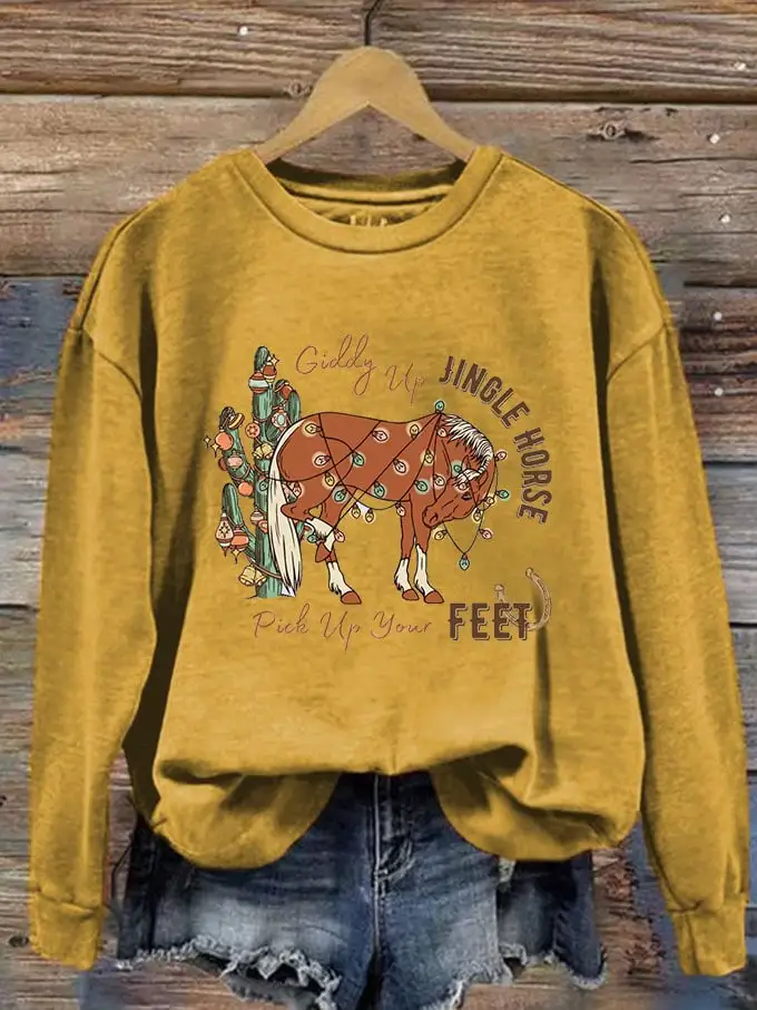 Women's Giddy Up Jingle Horse Pick Up Your Feet Printed Sweatshirt