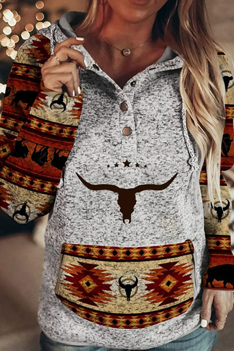 Western Print Paneled Long Sleeve Hoodie