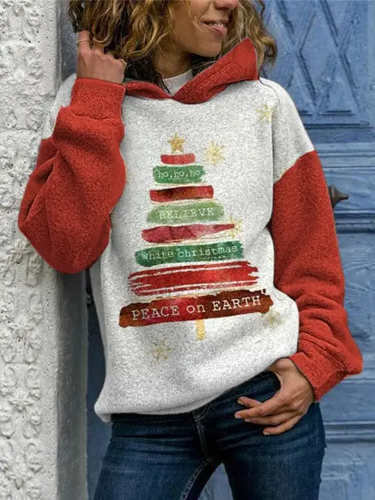 Women's Oh Oh Oh Believe White   Peace On Earth   Tree Print Sweatshirt