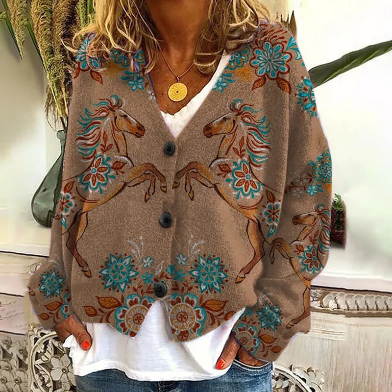 Western Horse Print V-Neck Long Sleeved Knitted Cardigan