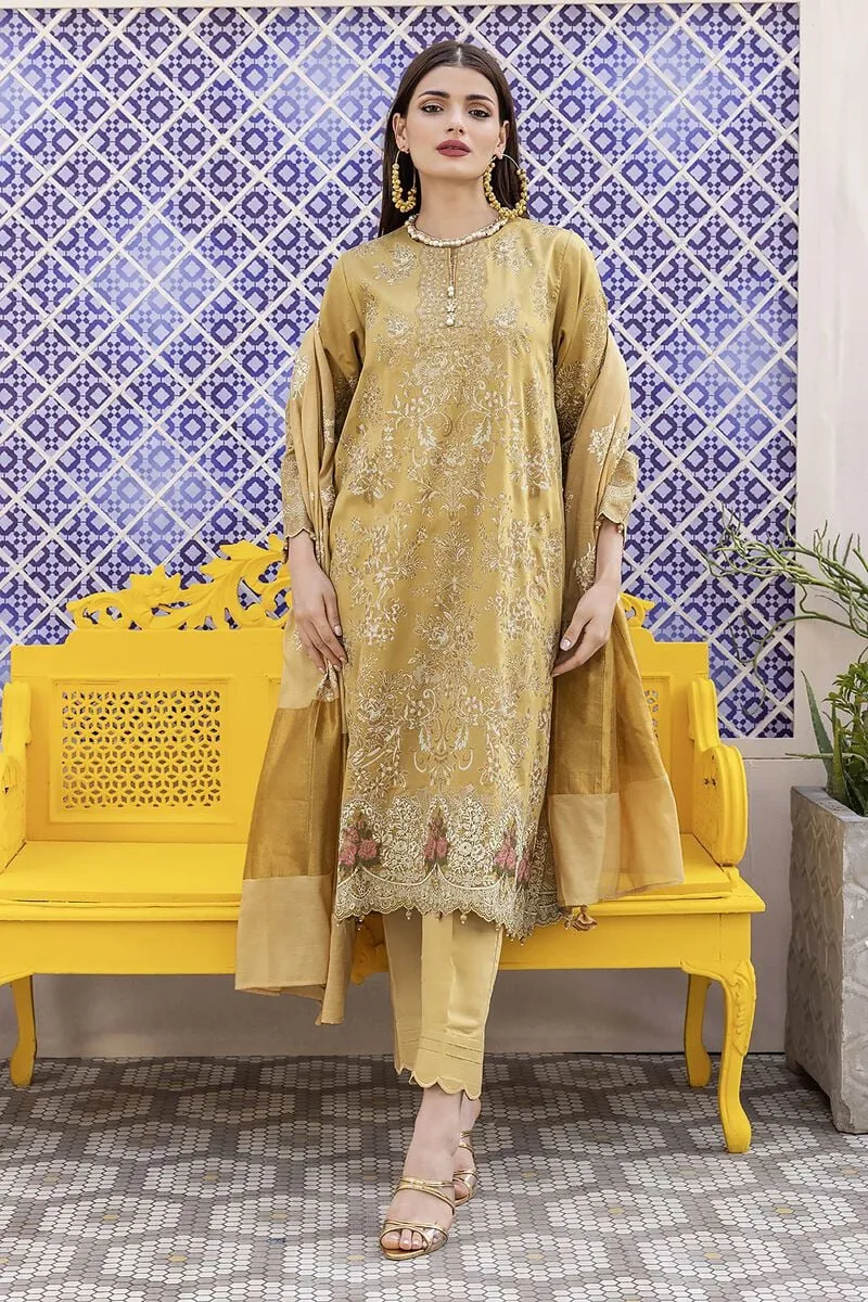 3 Piece Kurta Embroidered | Dupatta& Bottom & Tops | Color Golden