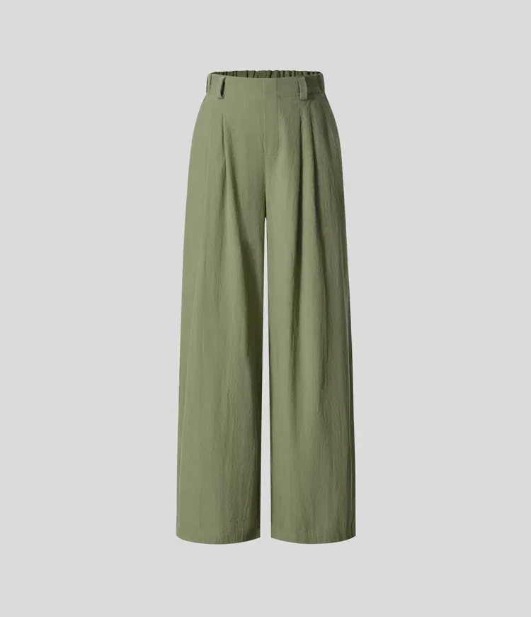 High Waisted Plicated Side Pocket Wide Leg Flowy Solid Palazzo Casual Pants