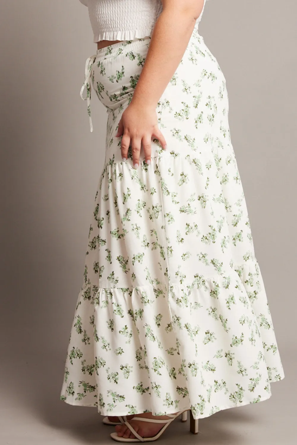 Green Ditsy Elastic Waist Maxi Skirt