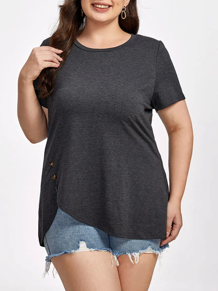 Plus Black Round Neck Button Ditsy Hem Tee