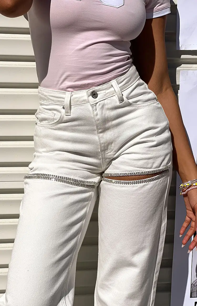 Gem Diamante Trim Wide Leg White Denim Jeans