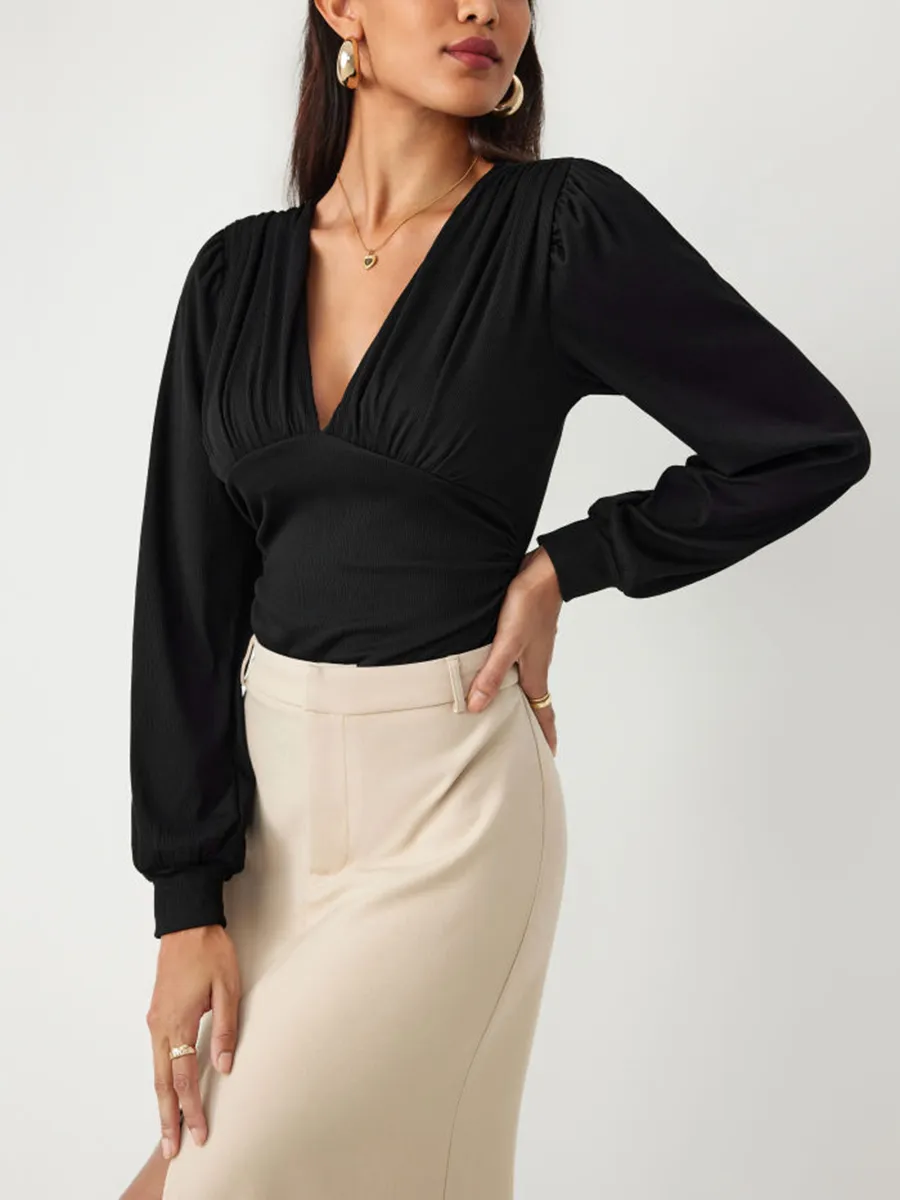 JERSEY V-NECK SOLID RUCHED BODYSUIT