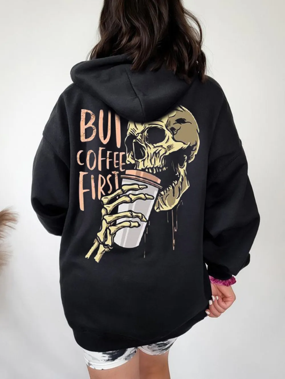 BUT COFFEE FIRST PATTERN PRINTED HOODIE