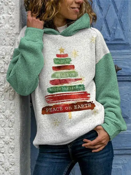 Women's Oh Oh Oh Believe White   Peace On Earth   Tree Print Sweatshirt