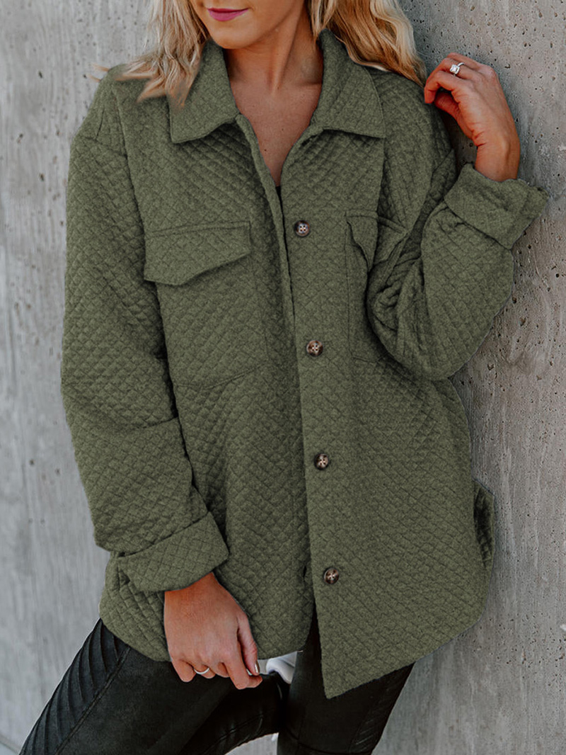 Green Retro Quilted Flap Pocket Button Shacket