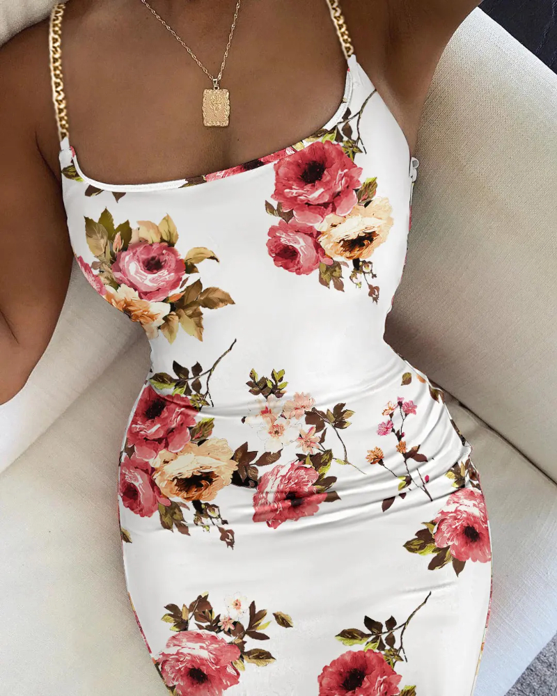 Floral Print Chain Decor Bodycon Dress