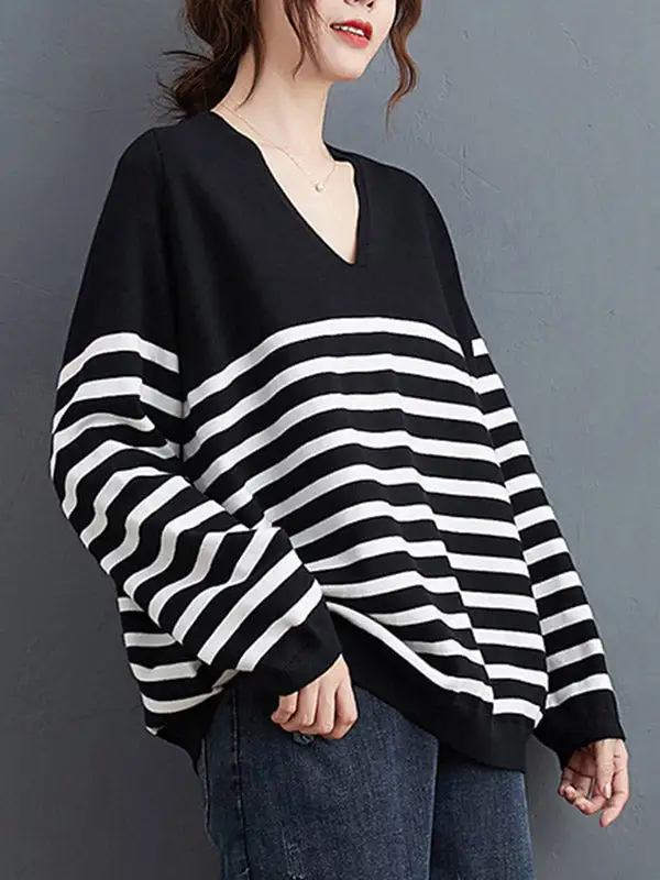 Artistic Retro Casual Loose Striped V-Neck Long Sleeves Knitted Sweater