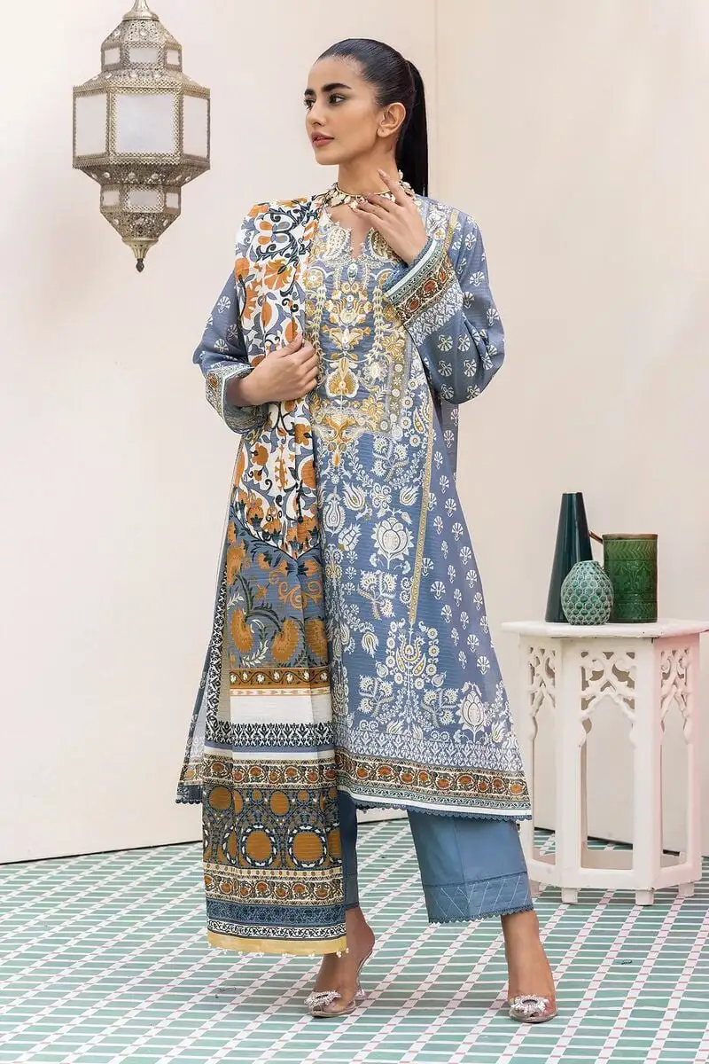 3 Piece Kurta Embroidered | Dupatta& Bottom & Tops | Color gray blue