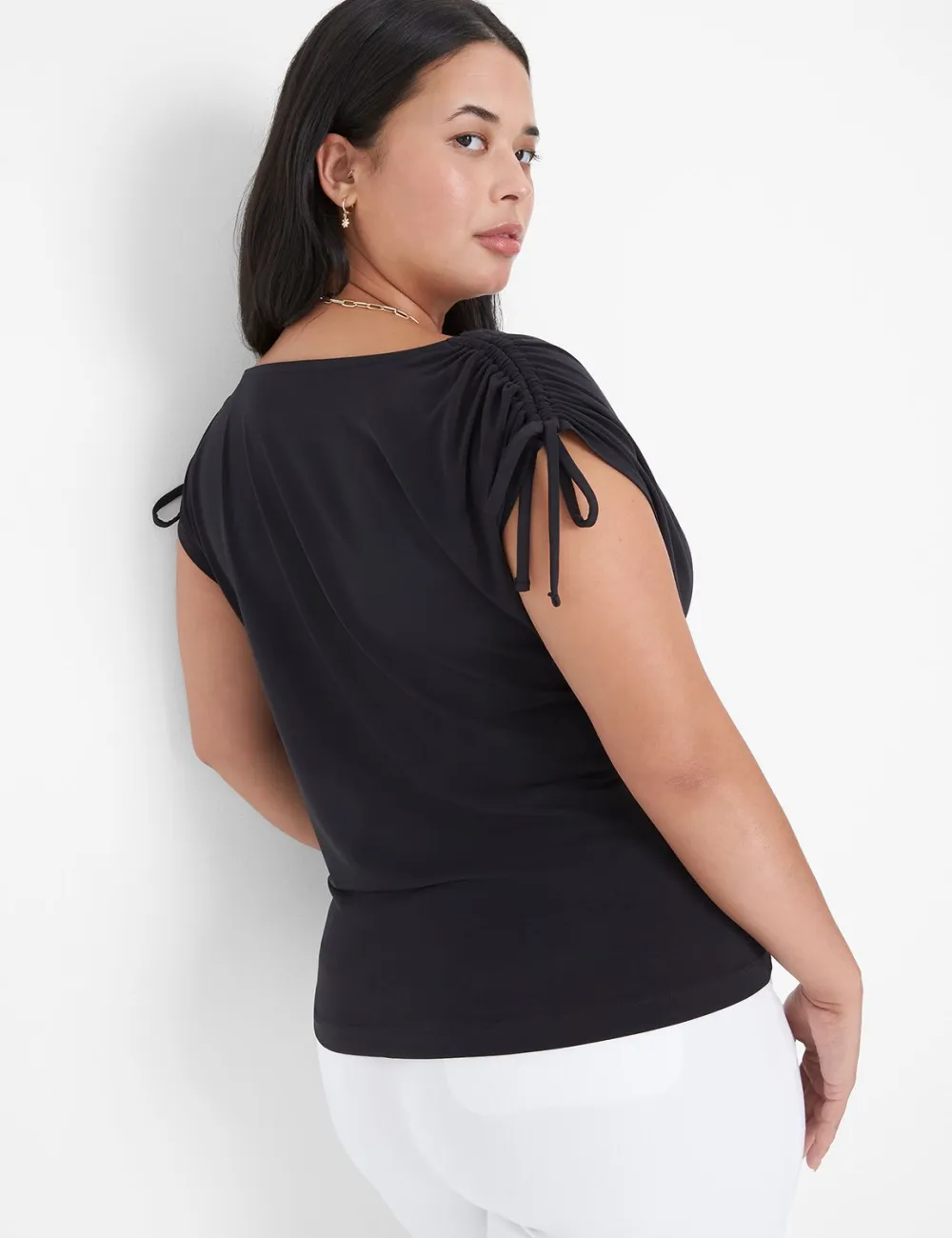 Drawcord Cap-Sleeve Drape-Neck Top