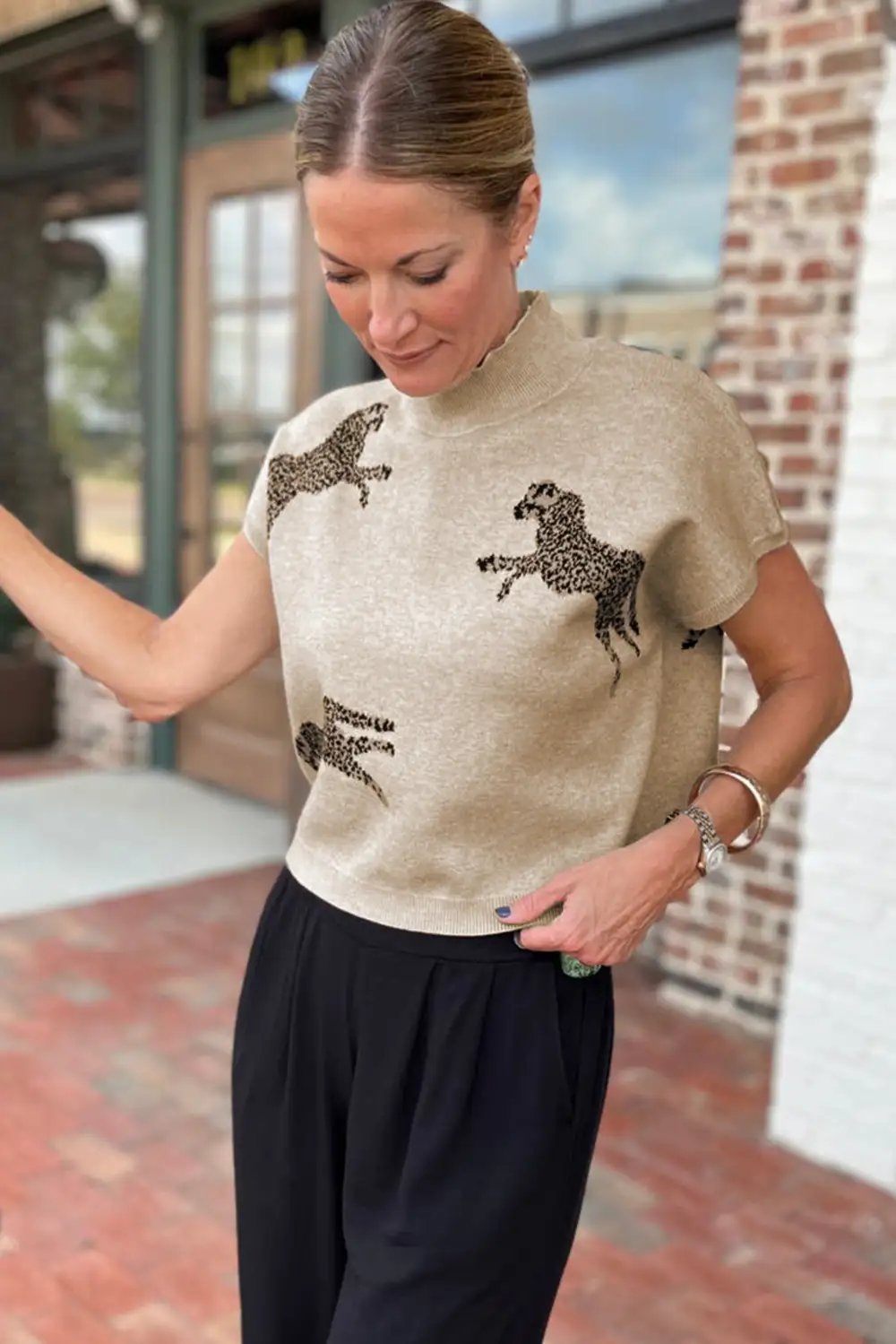 Lively Cheetah Pattern High Neck Short Sleeve Sweater