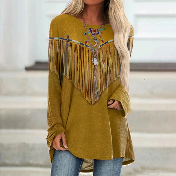 Western Fringe Print Long Sleeve Tunic