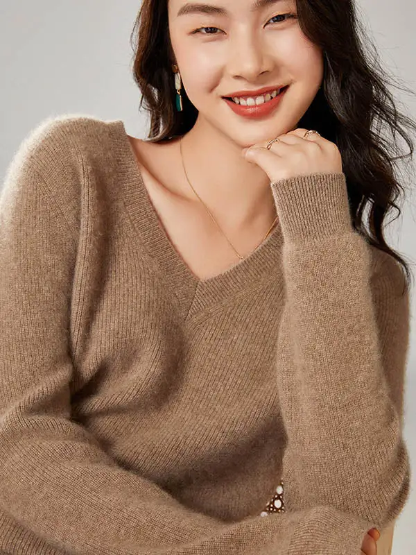 Simple 6 Colors V-Neck Long Sleeves Wool Knitting Sweater