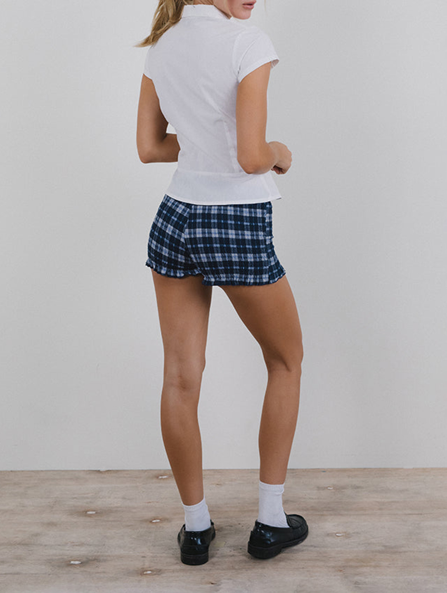 Ritala Shirred Shorts In Tartan Dark Blue