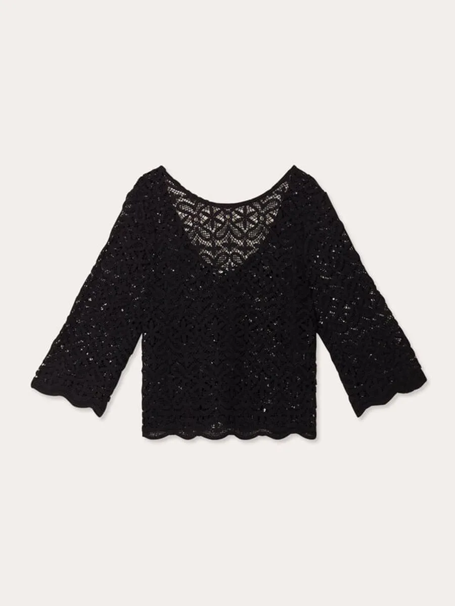 T-shirt manches 3/4 macramé noir femme