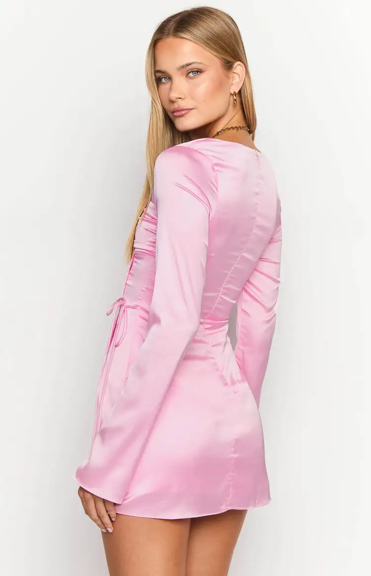 Lucy Pink Satin Long Sleeve Mini Dress