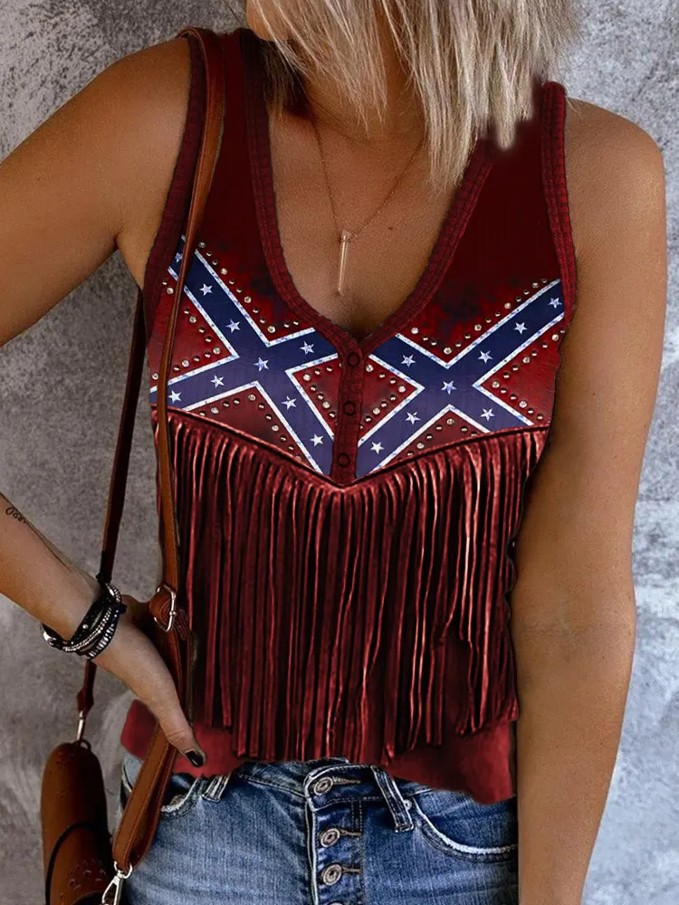 Rebel Flag Inspired Studded Tassels Button Up Tank Top