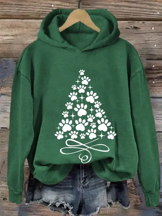 Women's Christmas Cute Pawy Print Casual Hooded