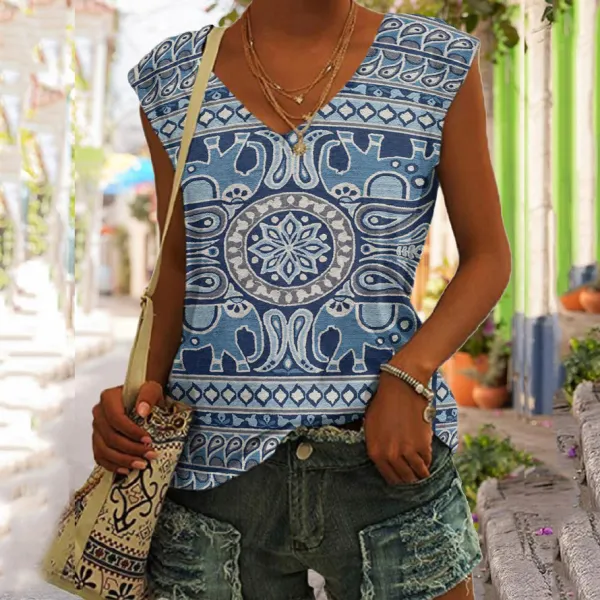 Vintage Elephant Ethnic Pattern V-Neck Tank Top