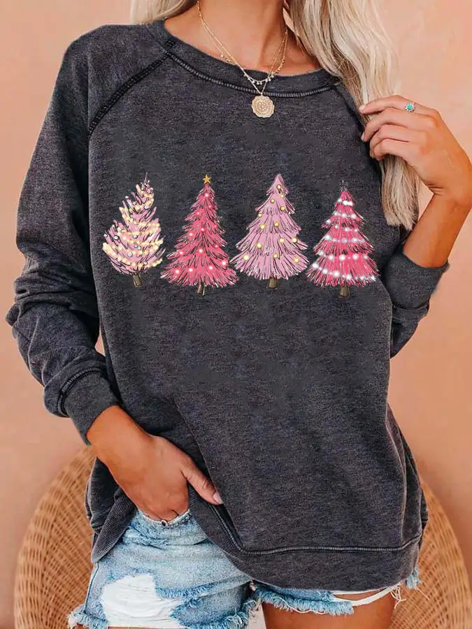 Women's Pink Christmas Tree Print Sweatshirt