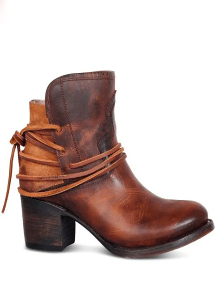 Laced Washed Leather Patchwork Ankle Boots