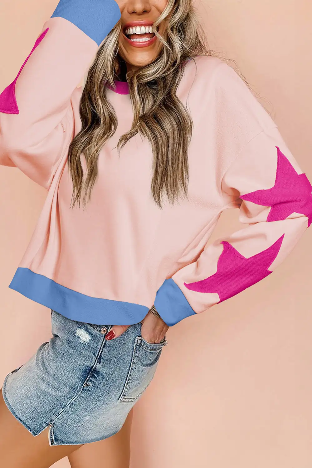 Pink Stripe Star Patchwork Round Neck Pullover Sweatshirt