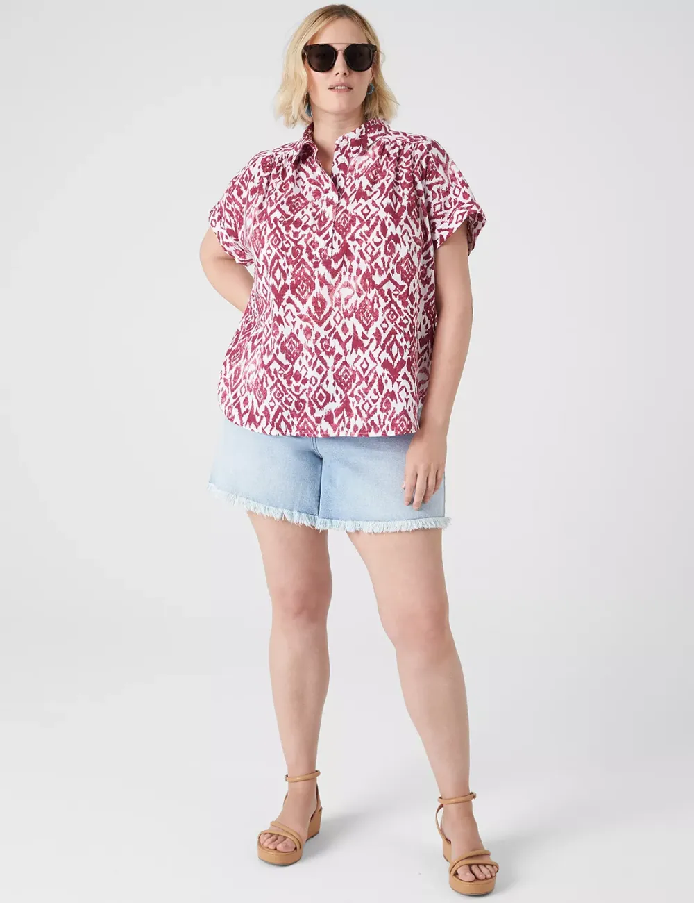 Short-Sleeve Collared Popover Blouse