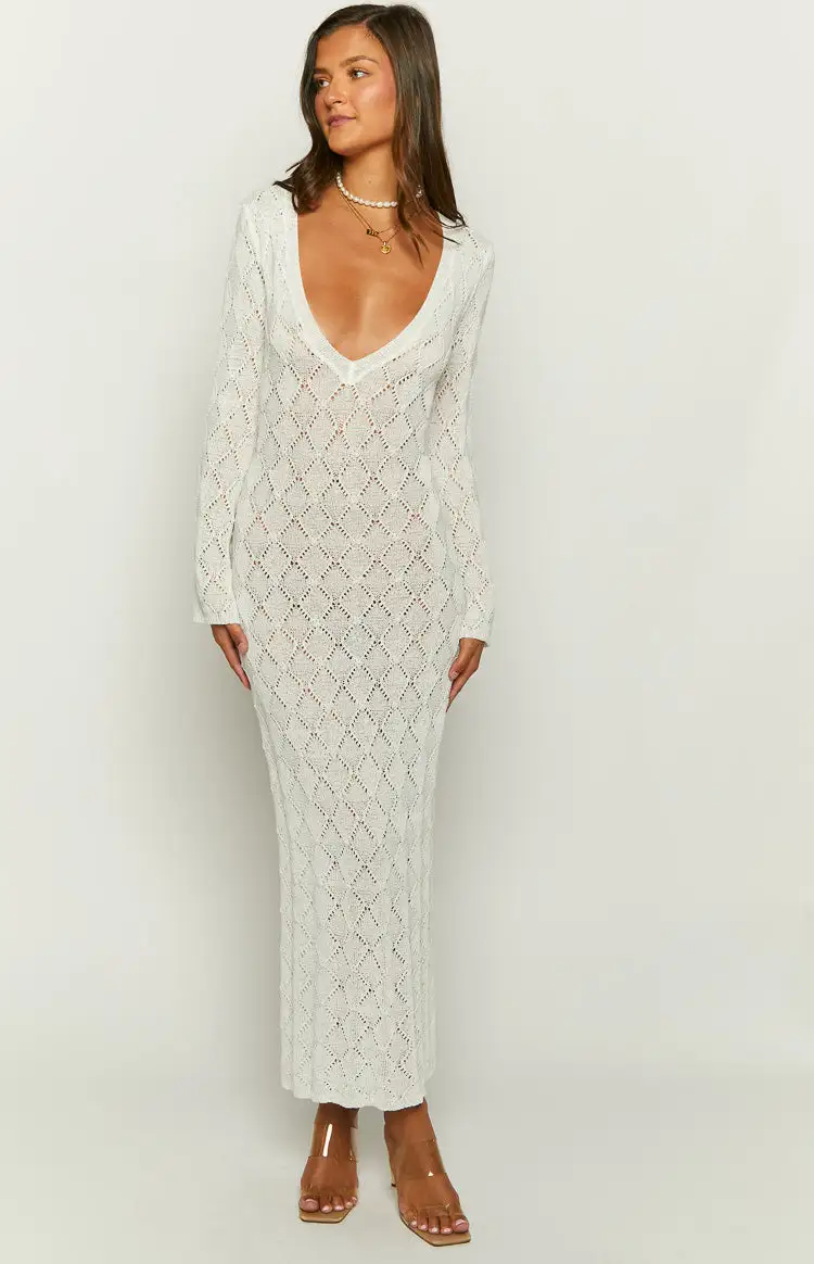 Drea White Backless Knit Maxi Dress