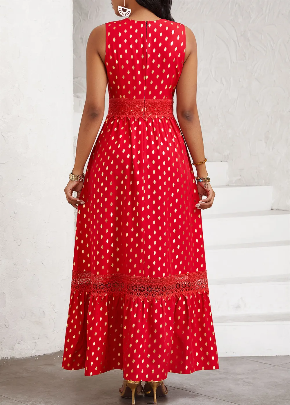 Polka Dot Hot Stamping Red Sleeveless Maxi Dress